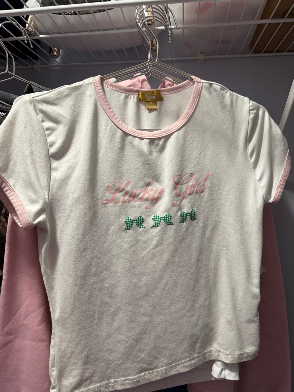 "Lucky Girl" White Tee with Pink Trim and Green Bow Accents